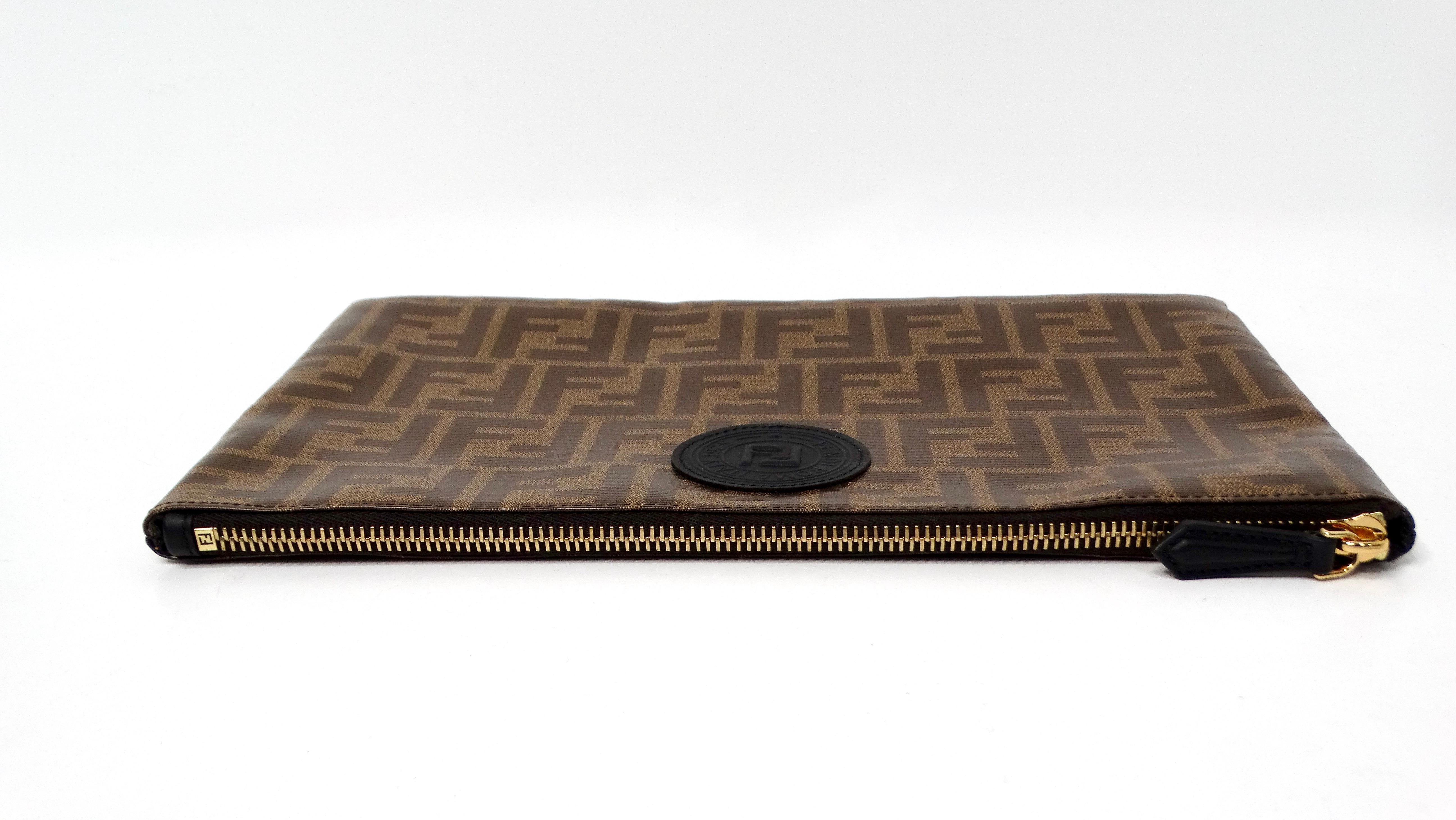 Fendi Brown Zucca Coated Canvas Leather Zip Pouch In Good Condition For Sale In Scottsdale, AZ