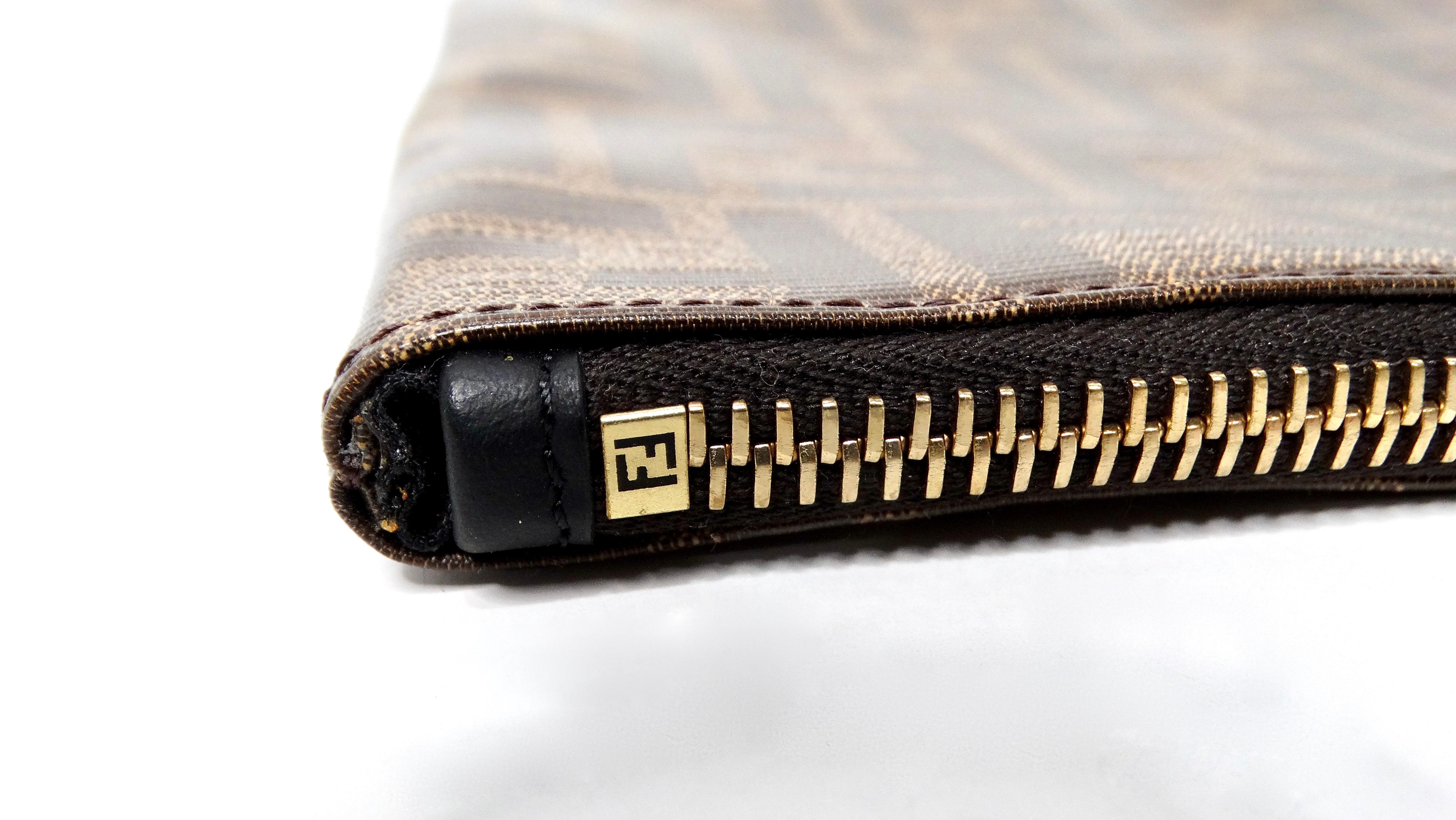 Women's or Men's Fendi Brown Zucca Coated Canvas Leather Zip Pouch For Sale