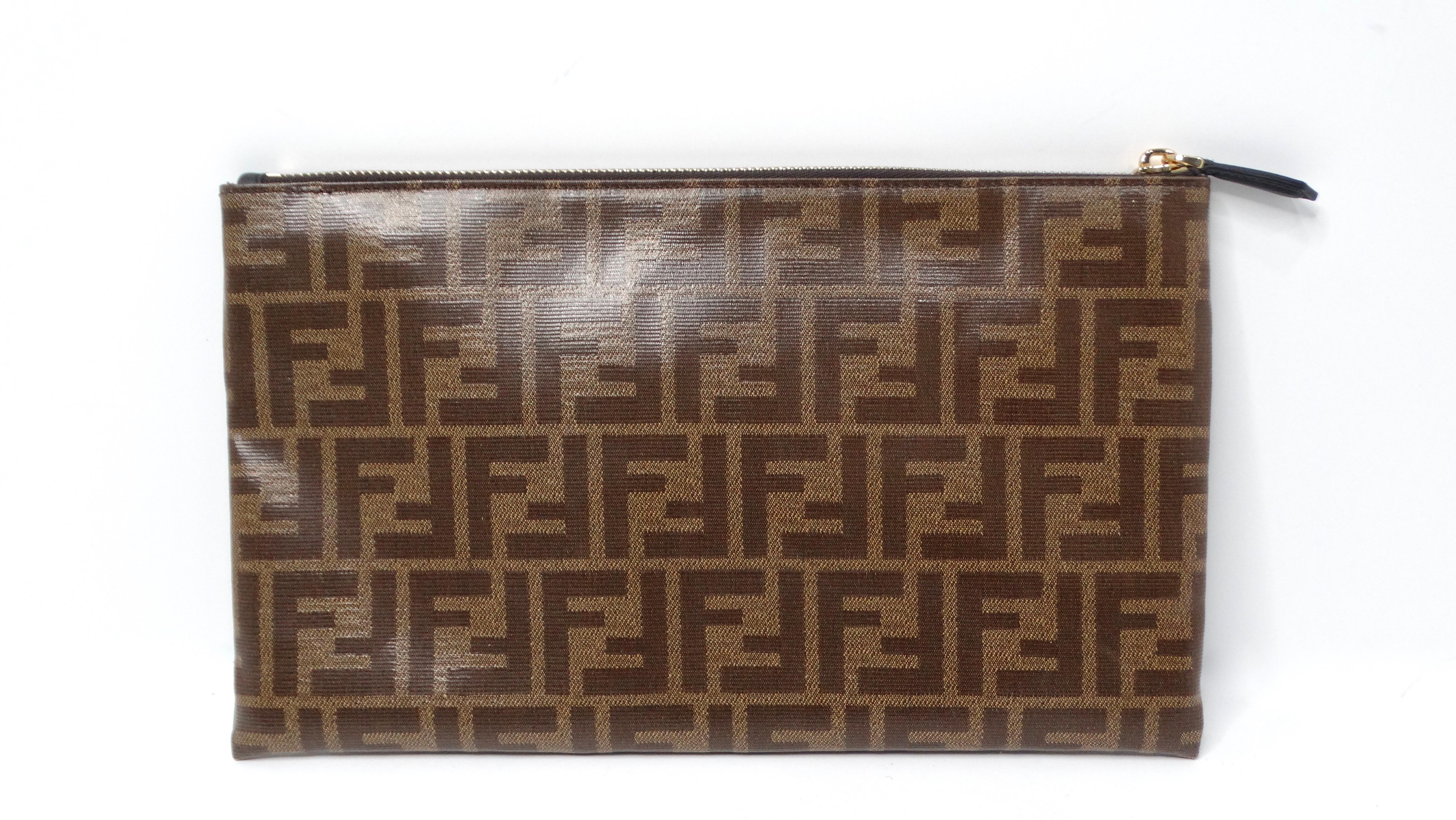Fendi Brown Zucca Coated Canvas Leather Zip Pouch For Sale 1