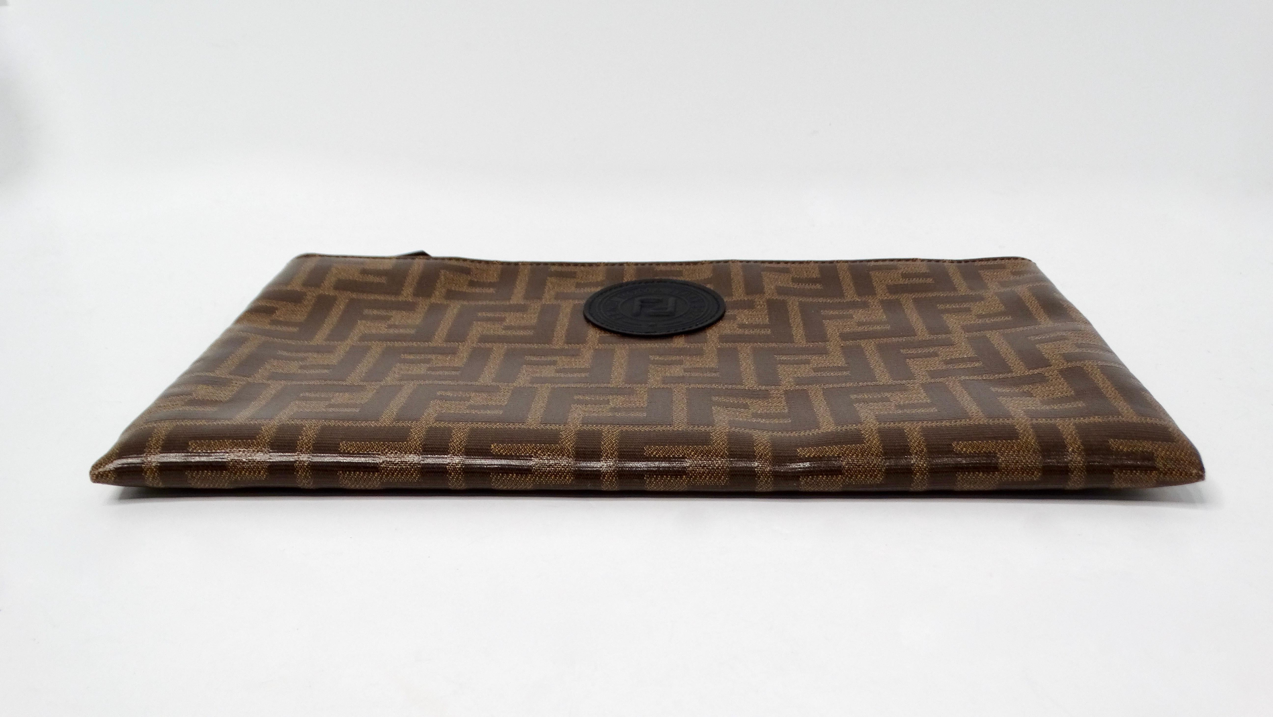 Fendi Brown Zucca Coated Canvas Leather Zip Pouch For Sale 2
