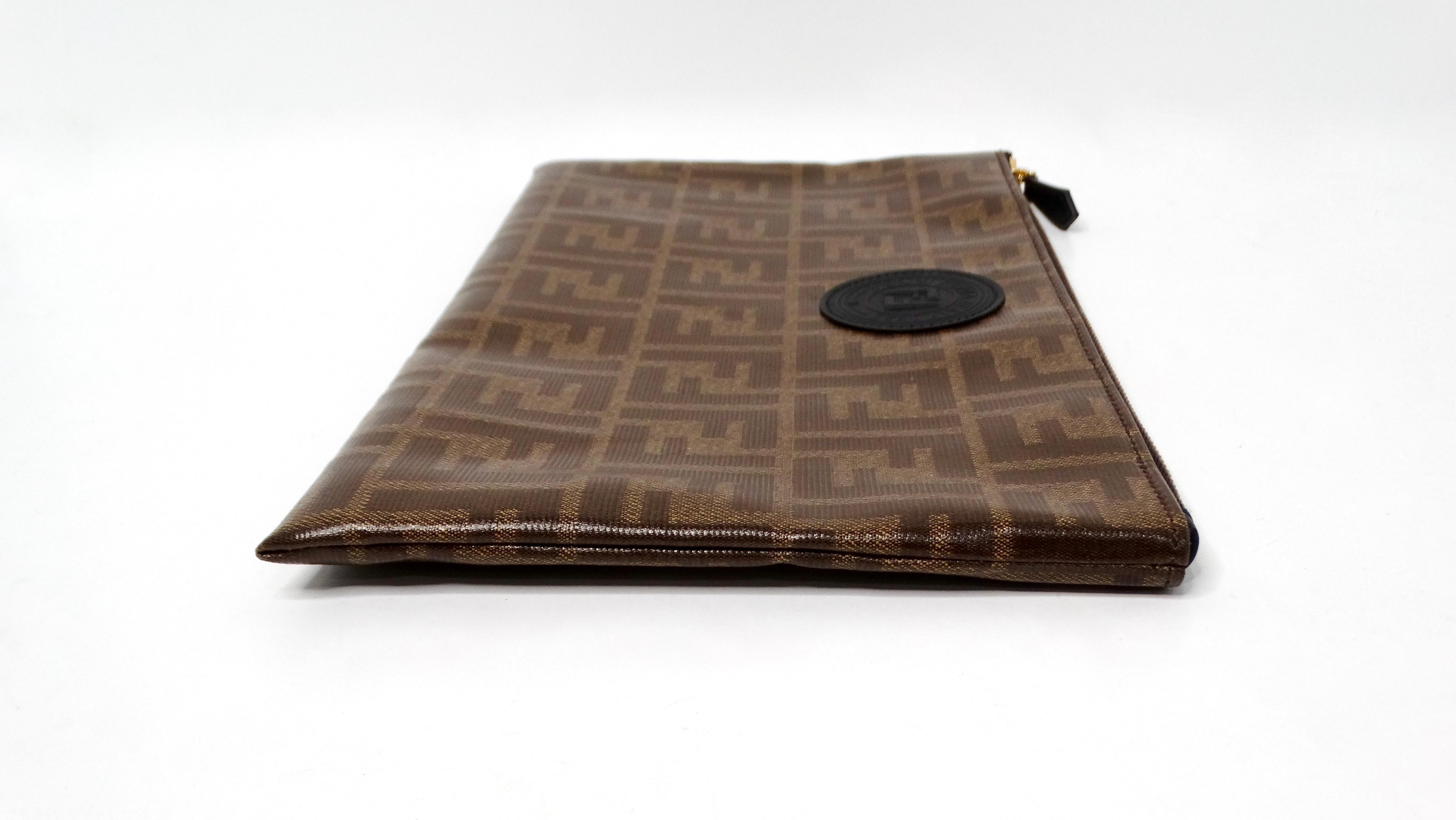 Fendi Brown Zucca Coated Canvas Leather Zip Pouch For Sale 3