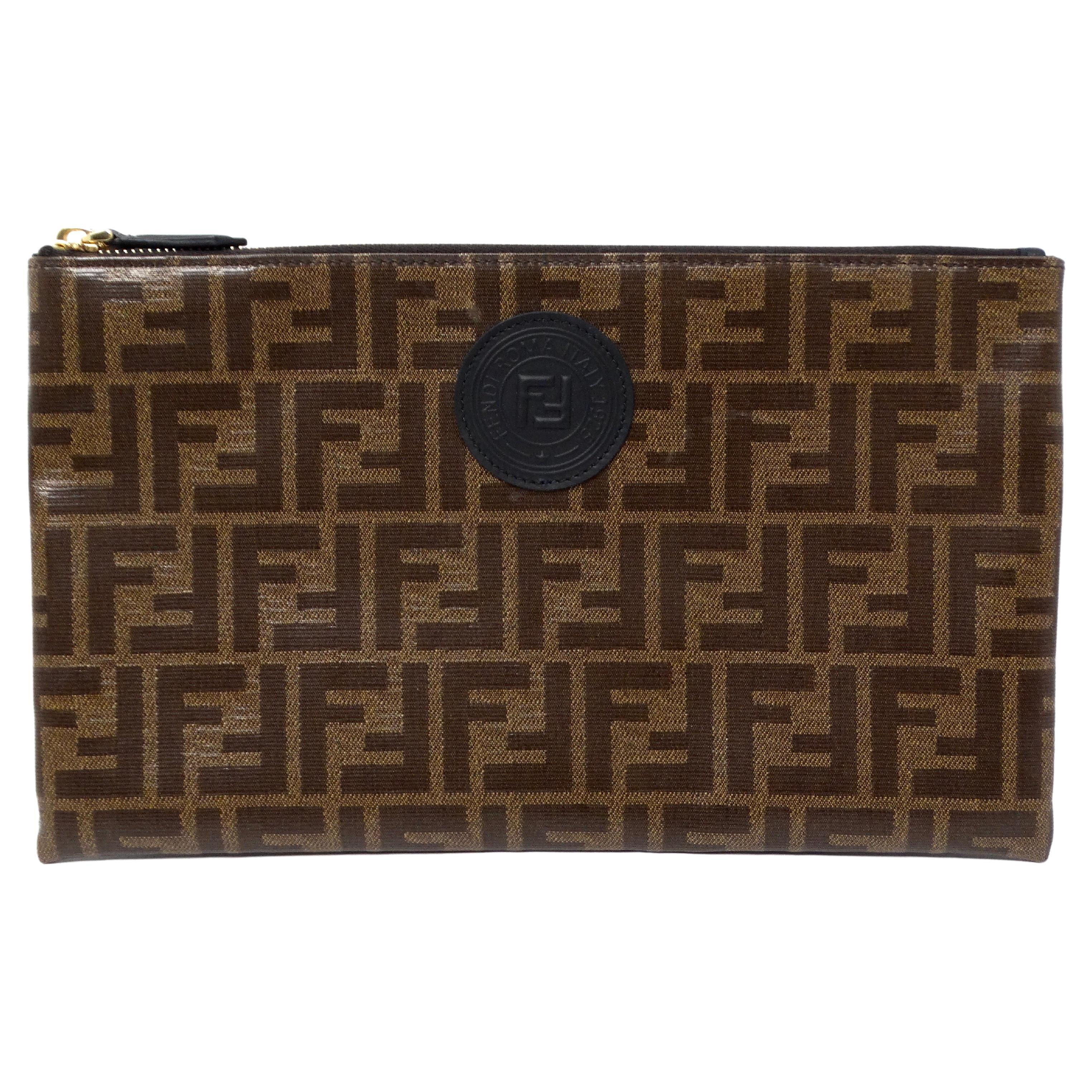 Fendi Brown Zucca Coated Canvas Leather Zip Pouch For Sale