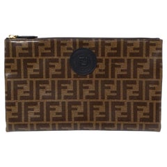 Fendi Brown Zucca Coated Canvas Leather Zip Pouch