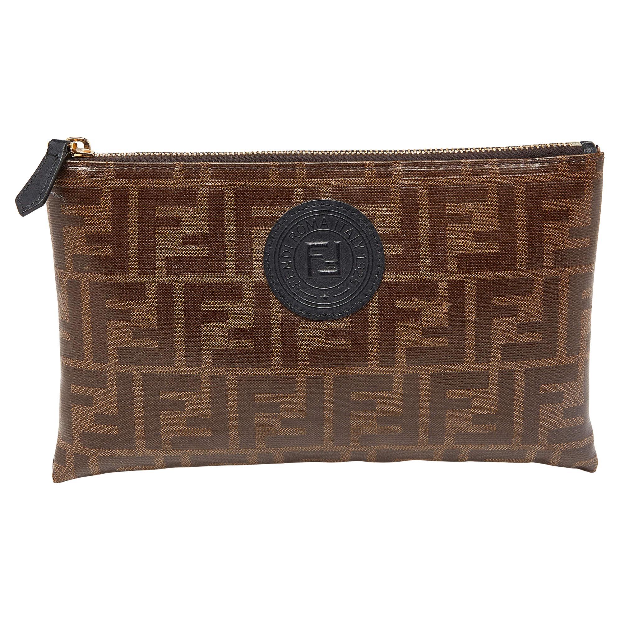 Fendi Brown Zucca Coated Canvas Zip Pouch For Sale