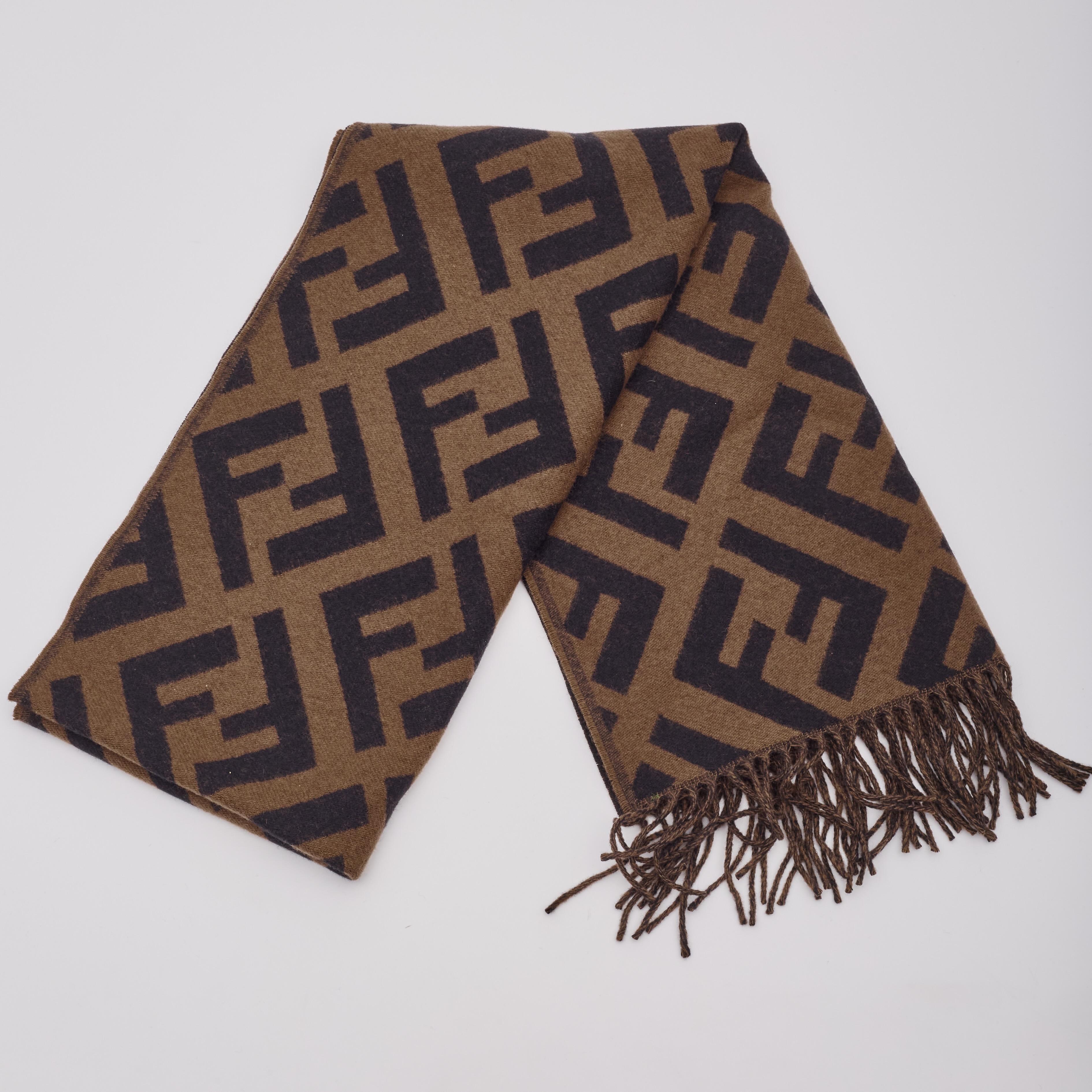Women's or Men's Fendi Brown Zucca Fringed Cashmere Jacquard Scarf For Sale