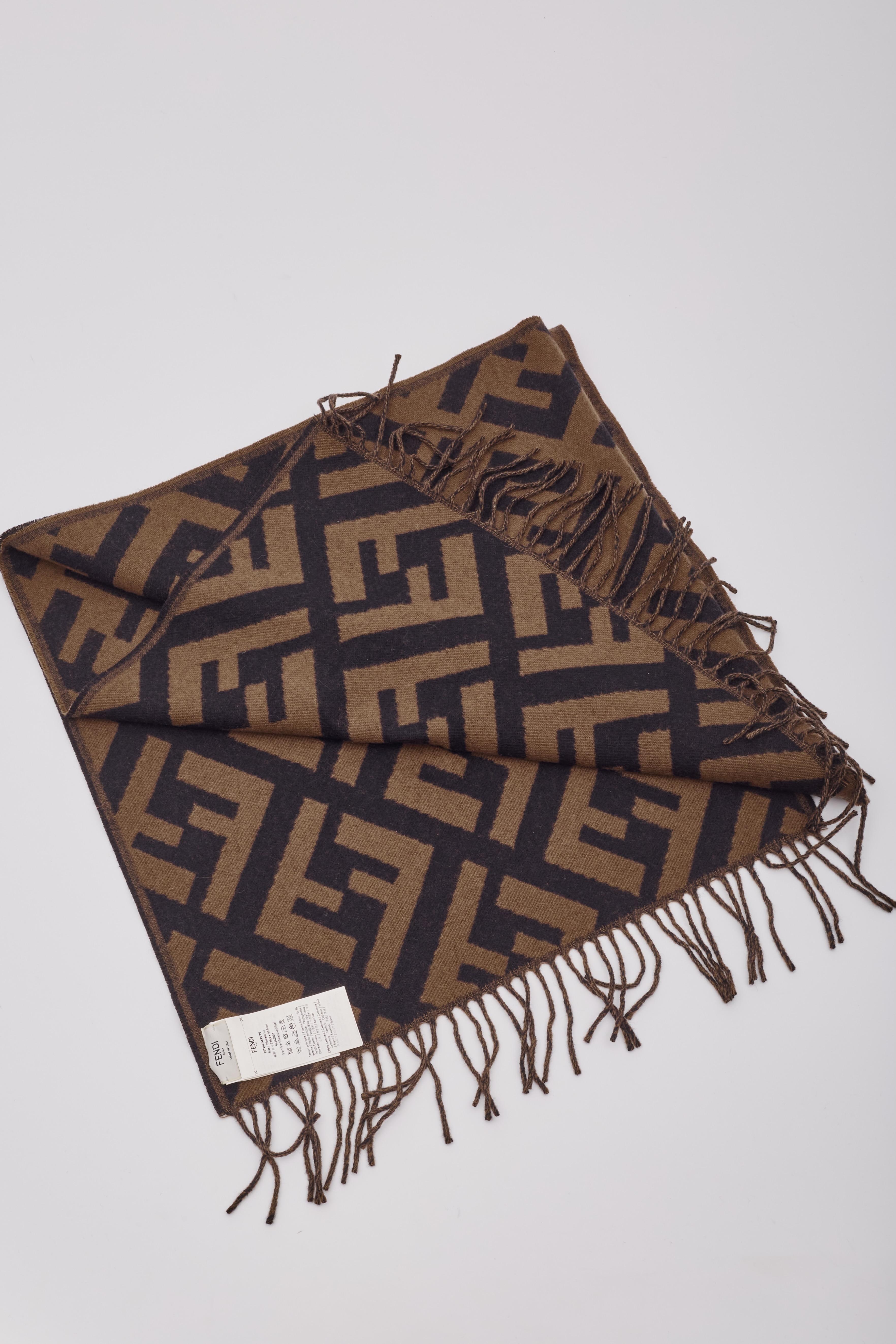 Fendi Brown Zucca Fringed Cashmere Jacquard Scarf For Sale 1