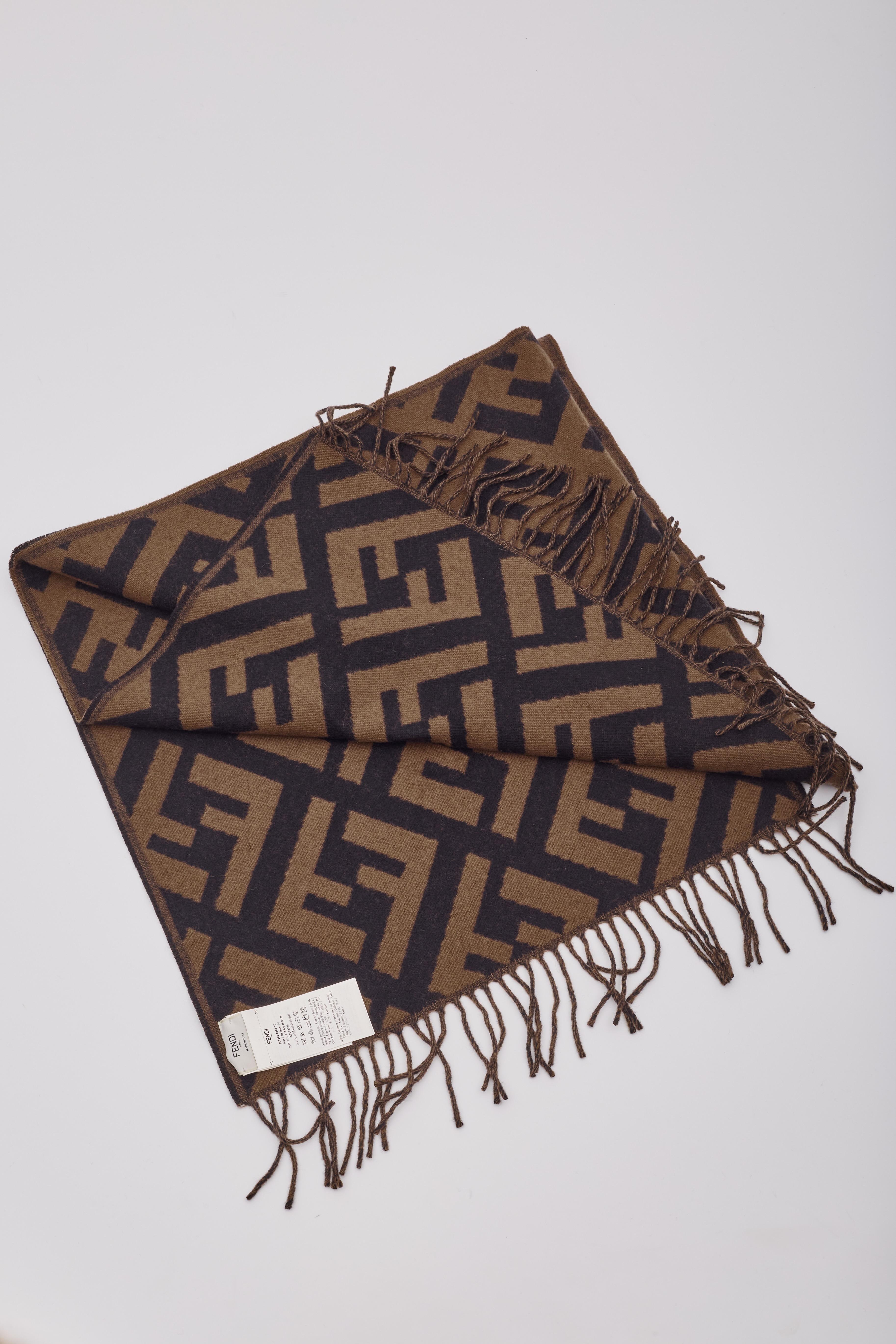 Fendi Brown Zucca Fringed Cashmere Jacquard Scarf For Sale 2