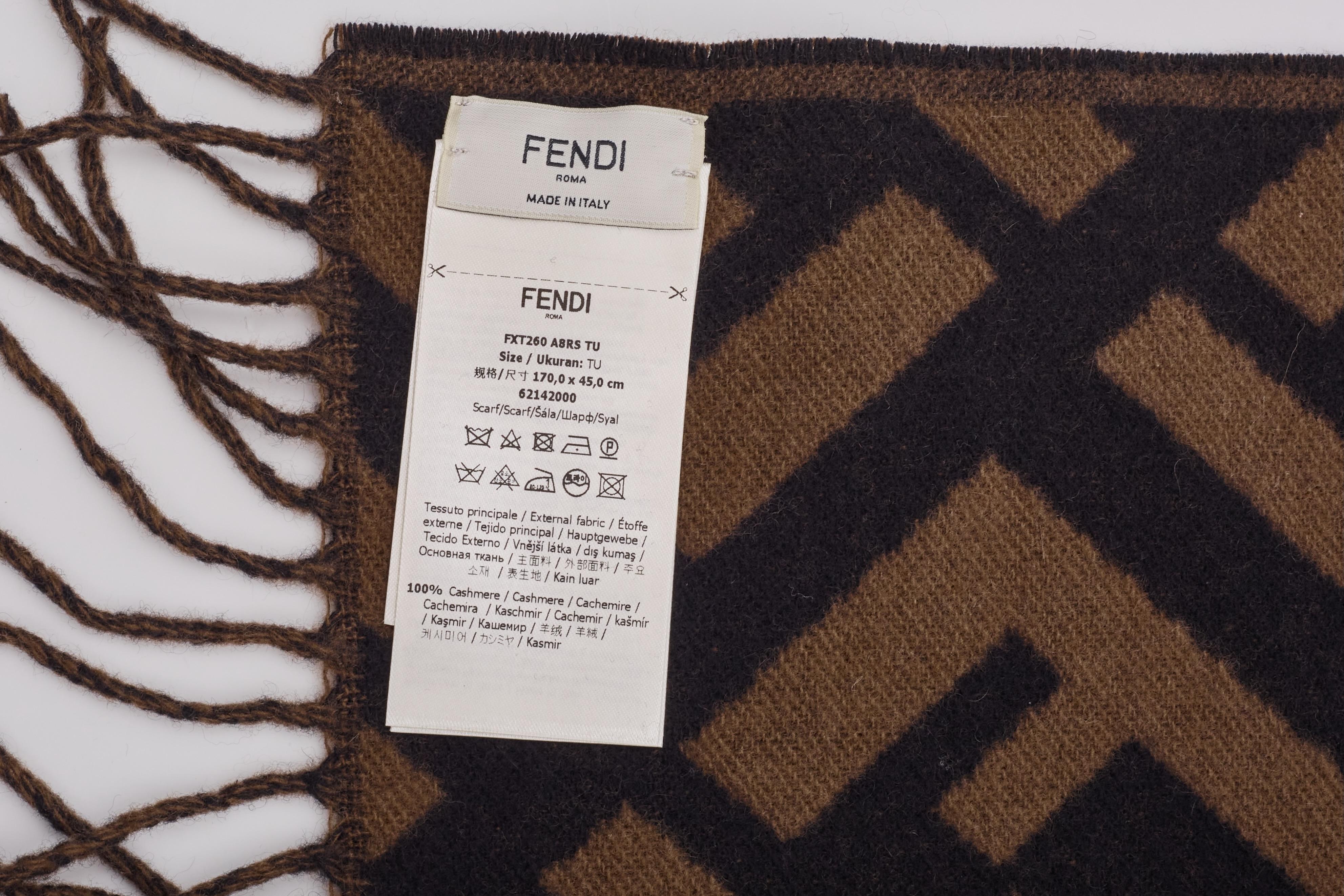 Fendi Brown Zucca Fringed Cashmere Jacquard Scarf For Sale 3