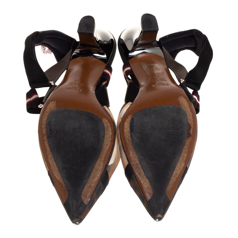 Black Fendi Brown Zucca Mesh And Leather Colibri Slingback Sandals Size 40