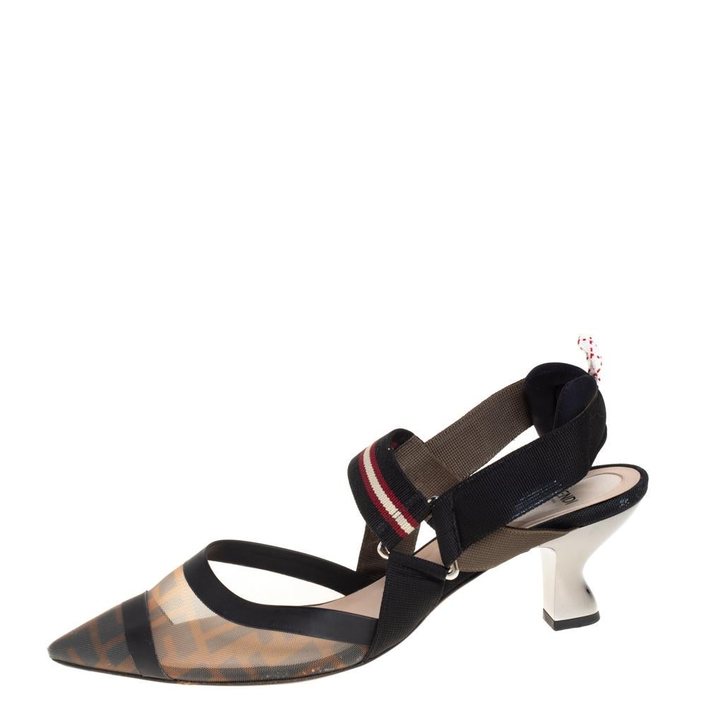 Fendi Brown Zucca Mesh And Leather Colibri Slingback Sandals Size 40 In Good Condition In Dubai, Al Qouz 2