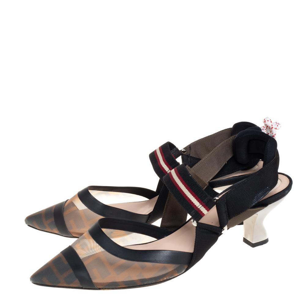 Women's Fendi Brown Zucca Mesh And Leather Colibri Slingback Sandals Size 40