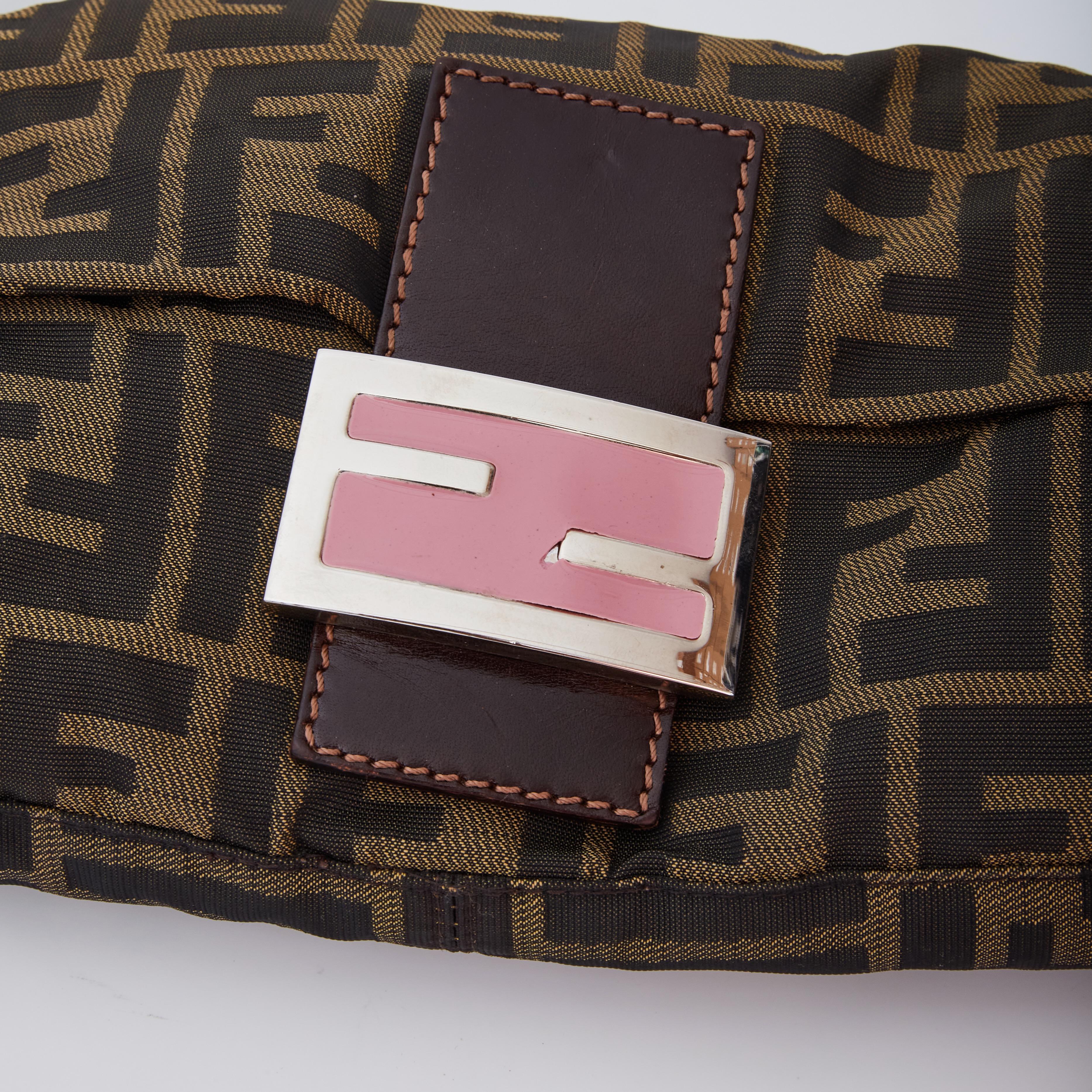 Fendi Brown Zucca Monogram Baguette Shoulder Bag Pink Buckle In Good Condition In Montreal, Quebec