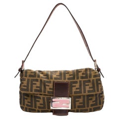 Fendi Brown Zucca Monogram Baguette Shoulder Bag Pink Buckle