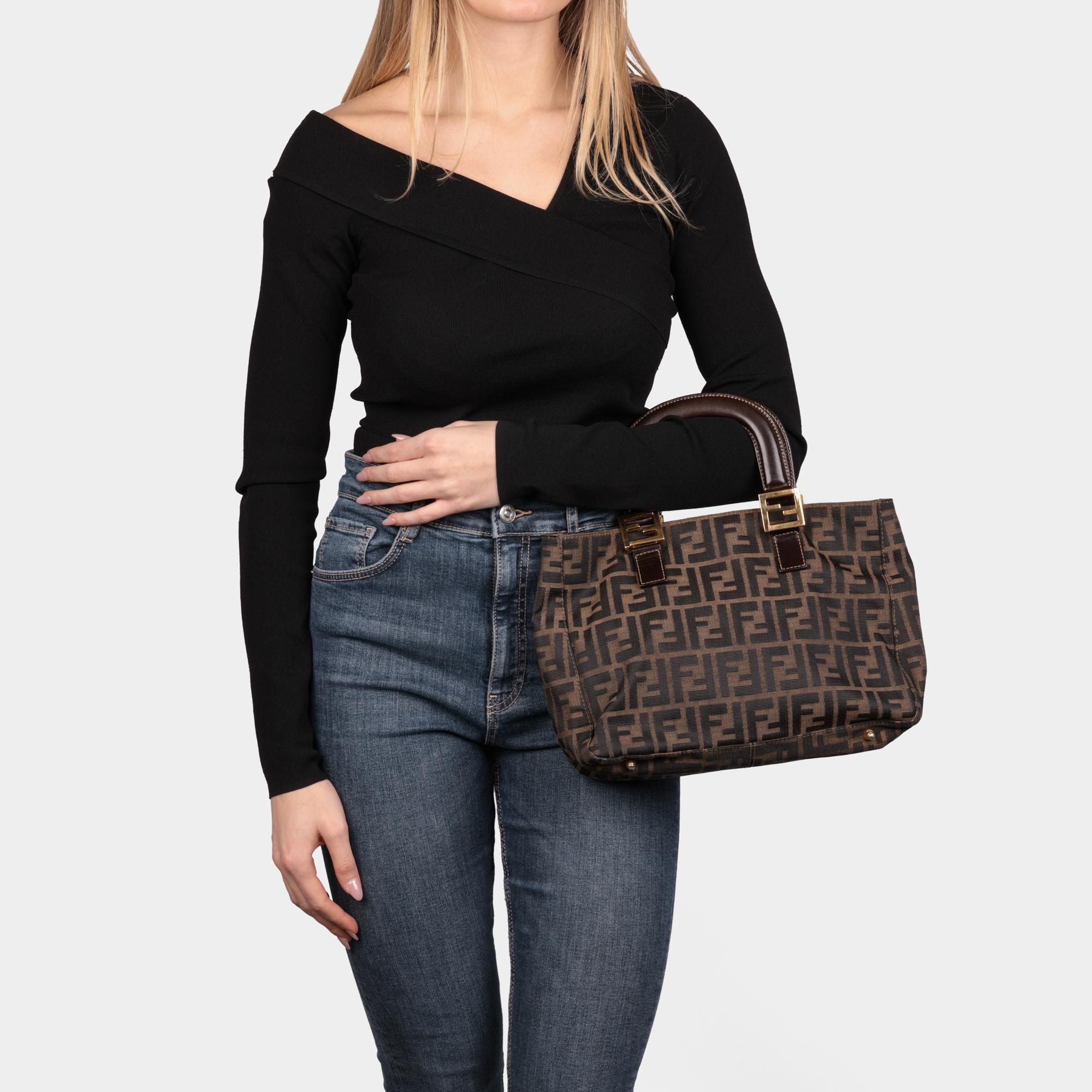 FENDI Brown Zucca Monogram Canvas & Calfskin Leather Vintage Small Tote 5