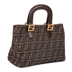FENDI Brown Zucca Monogram Canvas & Calfskin Leather Vintage Small Tote