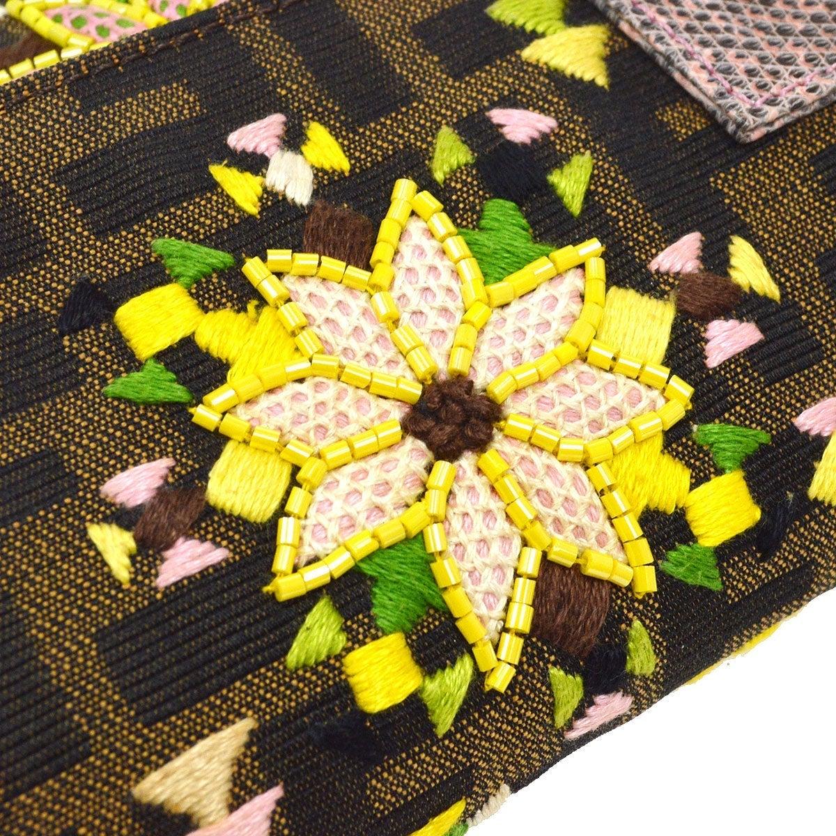 Nero FENDI Marrone Zucca Monogram Canvas ricamato Giallo Rosa Borsa a manico superiore con perline in vendita