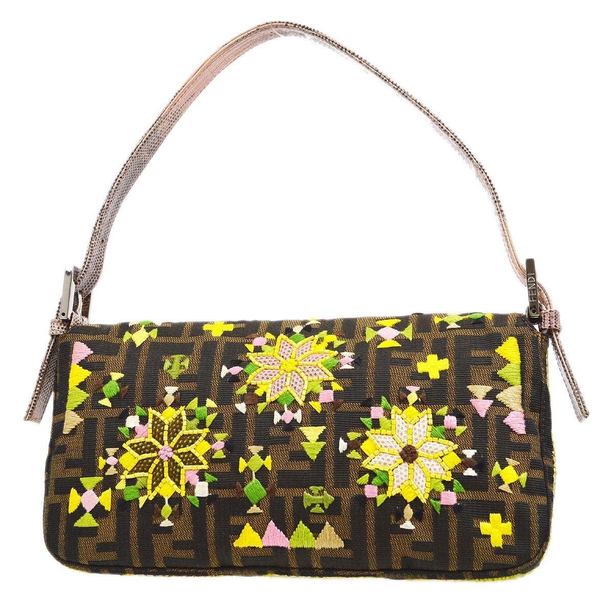 FENDI Marrone Zucca Monogram Canvas ricamato Giallo Rosa Borsa a manico superiore con perline In condizioni buone in vendita a Chicago, IL