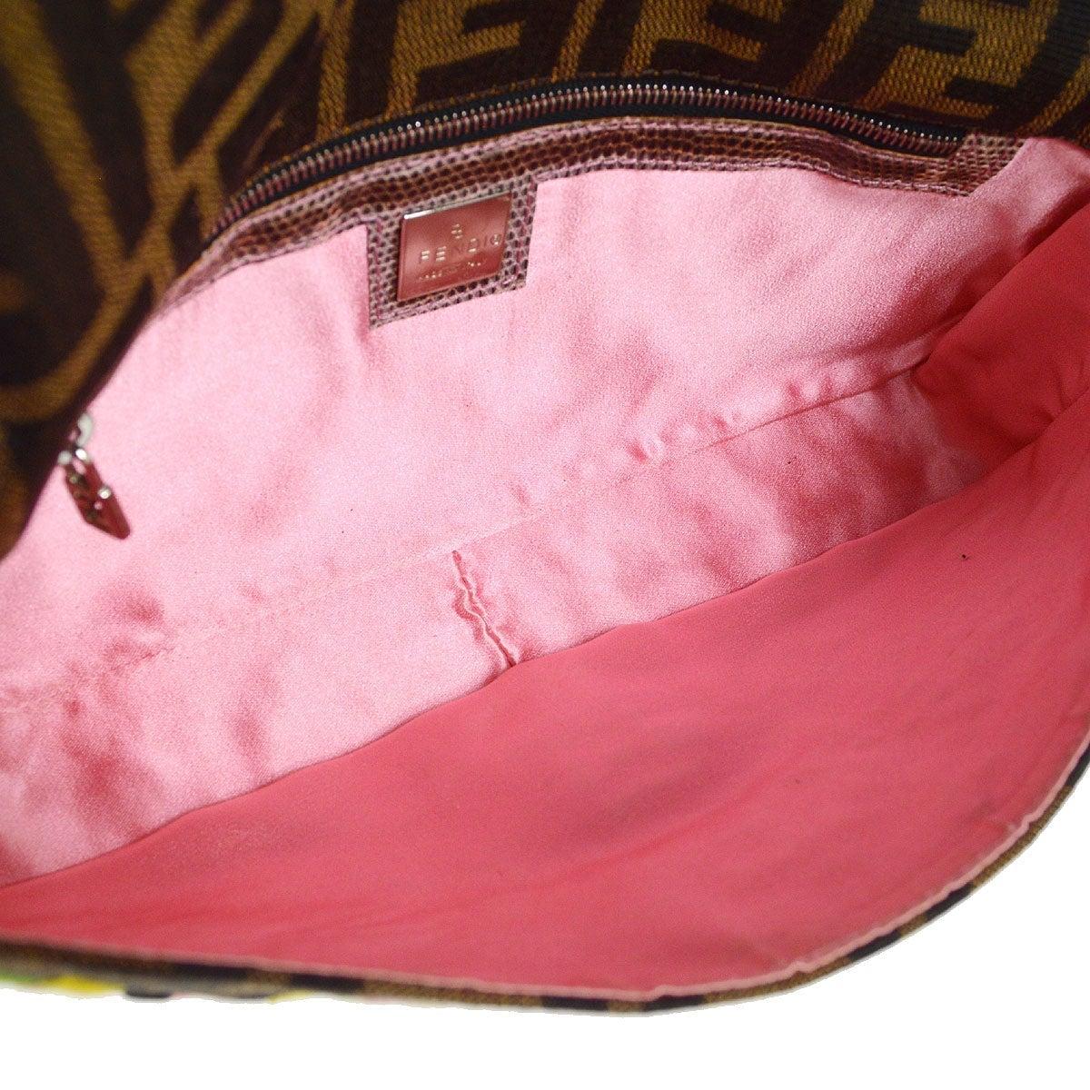 FENDI Marrone Zucca Monogram Canvas ricamato Giallo Rosa Borsa a manico superiore con perline in vendita 1