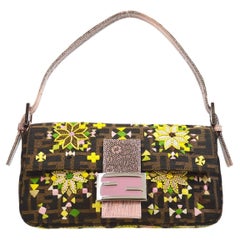 FENDI Brown Zucca Monogram Canvas Embroidered Yellow Pink Bead Top Handle Bag