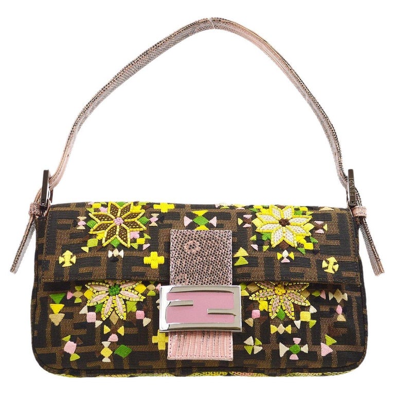 FENDI Brown Zucca Monogram Canvas Embroidered Yellow Pink Bead Top ...
