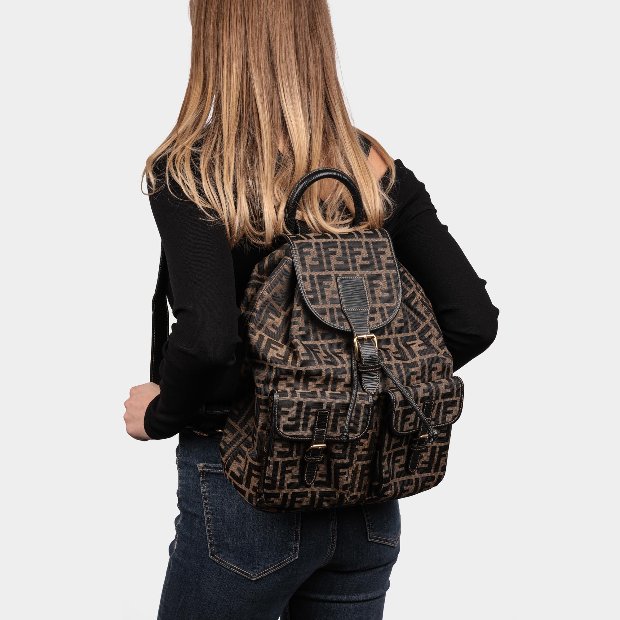 FENDI Brown Zucca Monogram Canvas & Textured Calfskin Leather Vintage Backpack 5