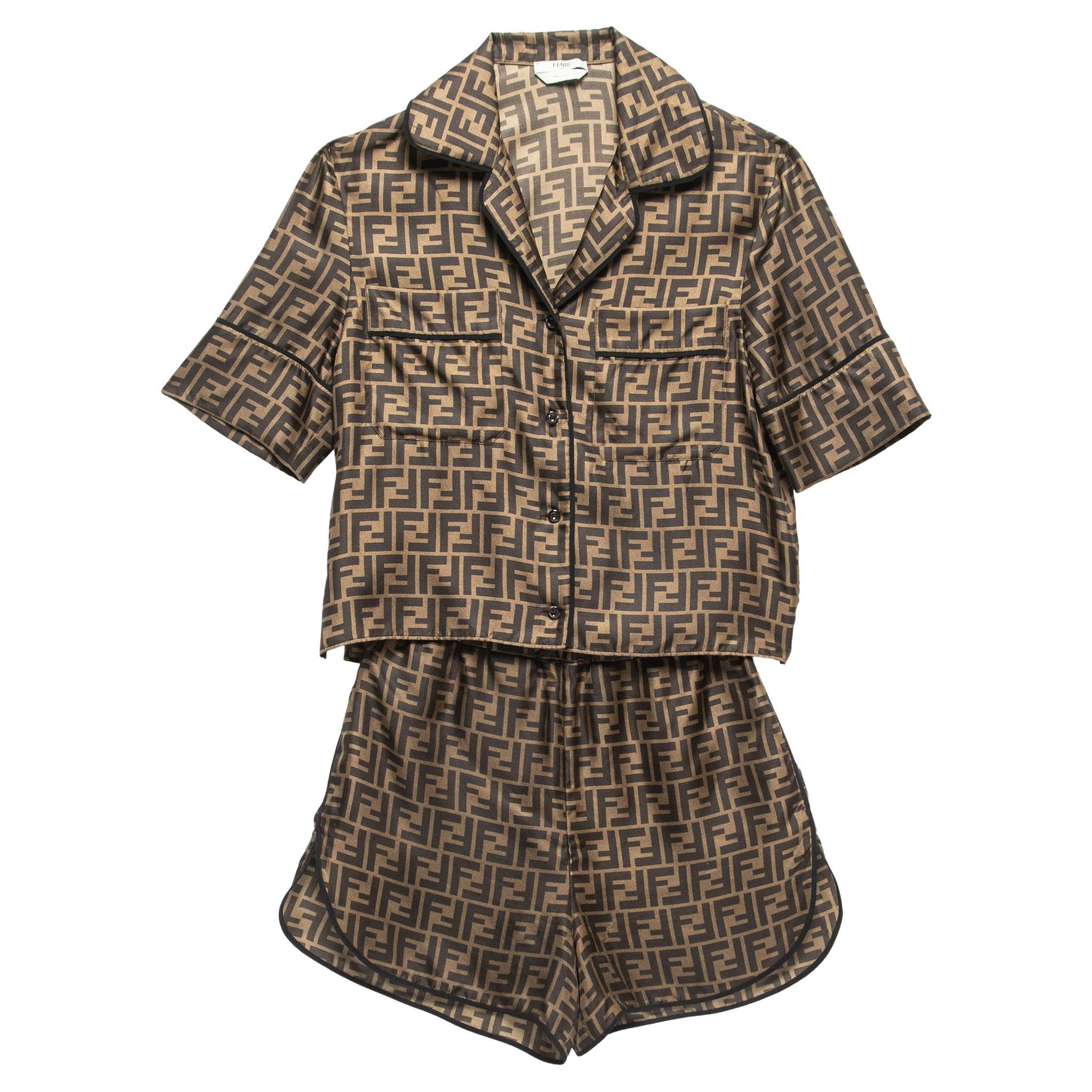 Fendi Brown Zucca Print Silk Pajama Top & Shorts XS