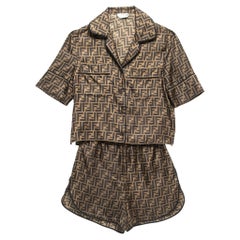 Fendi Brown Zucca Print Silk Pajama Top & Shorts XS