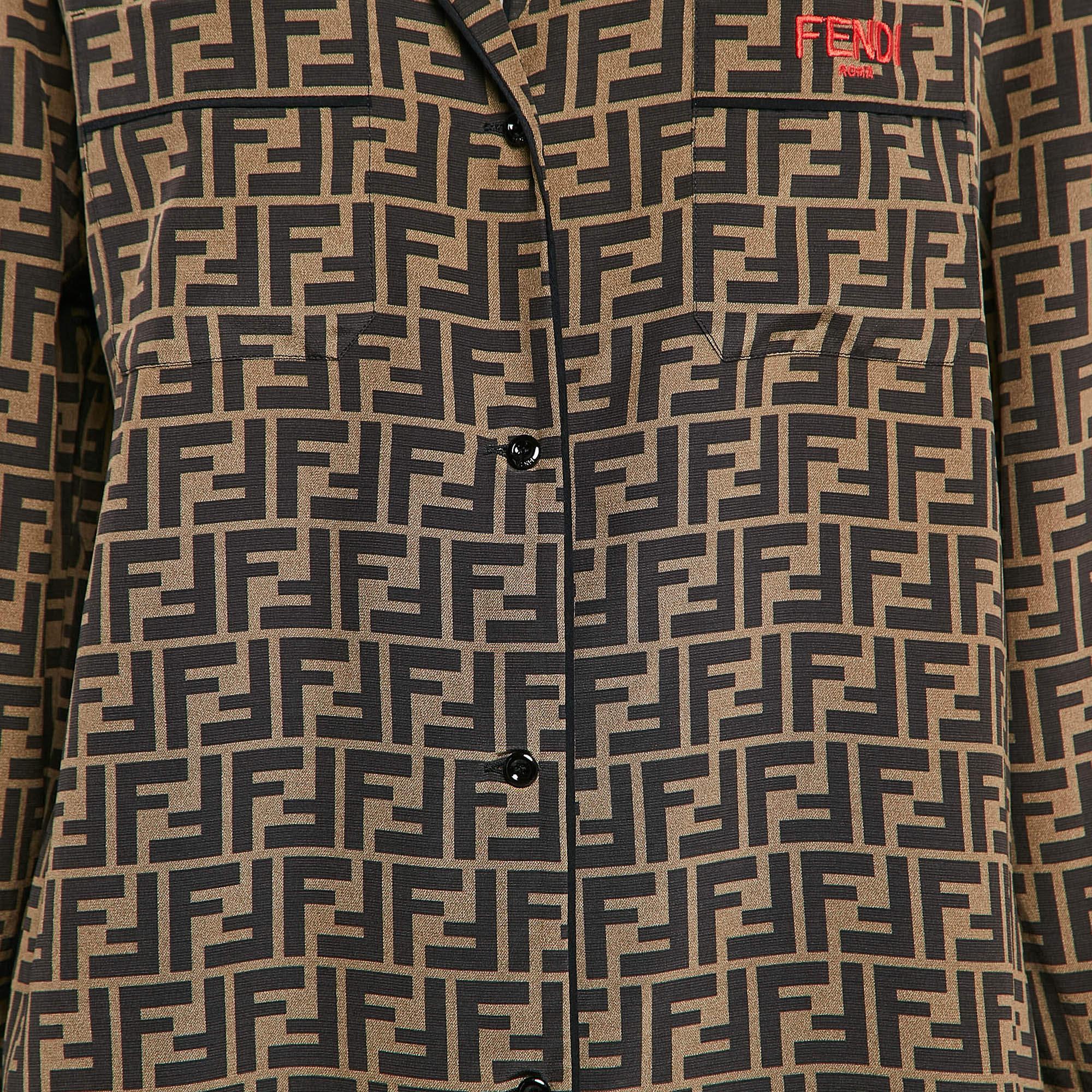 Noir Fendi Brown Ensemble chemise et pyjama en soie imprimé Zucca M en vente