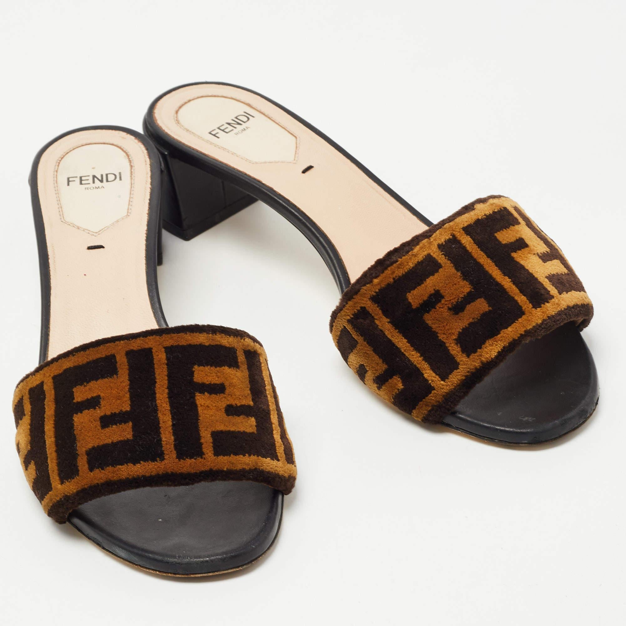 Women's Fendi Brown Zucca Velvet Open-Toe Slide Sandals Size 36