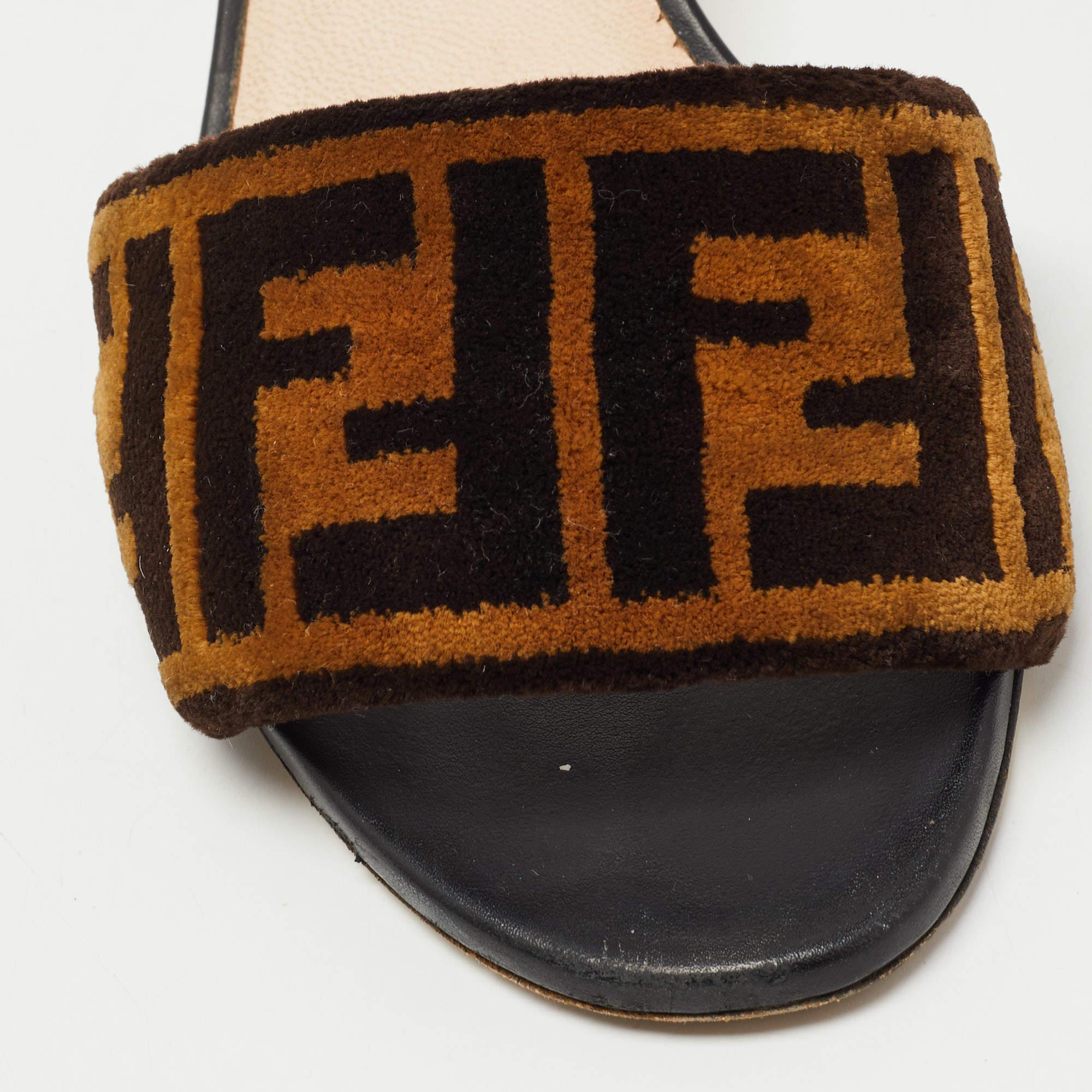 Fendi Brown Zucca Velvet Open-Toe Slide Sandals Size 36 3