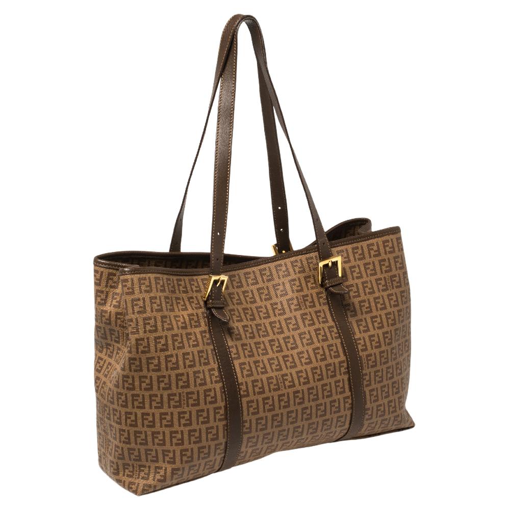 Women's Fendi Brown Zuccachino Coated Canvas and Leather Trim Shopper Tote