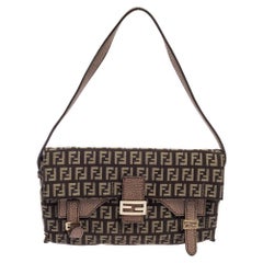 Fendi Brown Zucchino Canvas And Leather Baguette Shoulder Bag