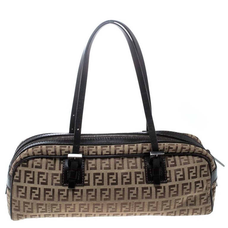 Fendi Brown Zucchino Canvas and Leather Bowler Bag For Sale at 1stDibs