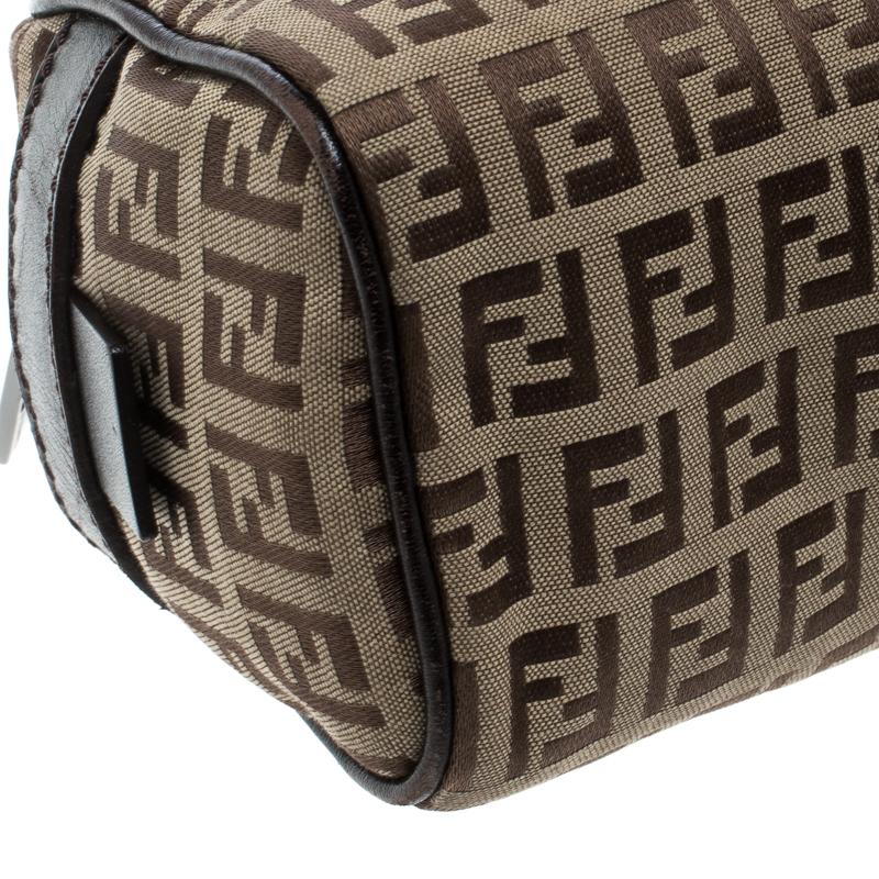 Fendi Brown Zucchino Canvas and Leather Bowler Bag In Good Condition In Dubai, Al Qouz 2