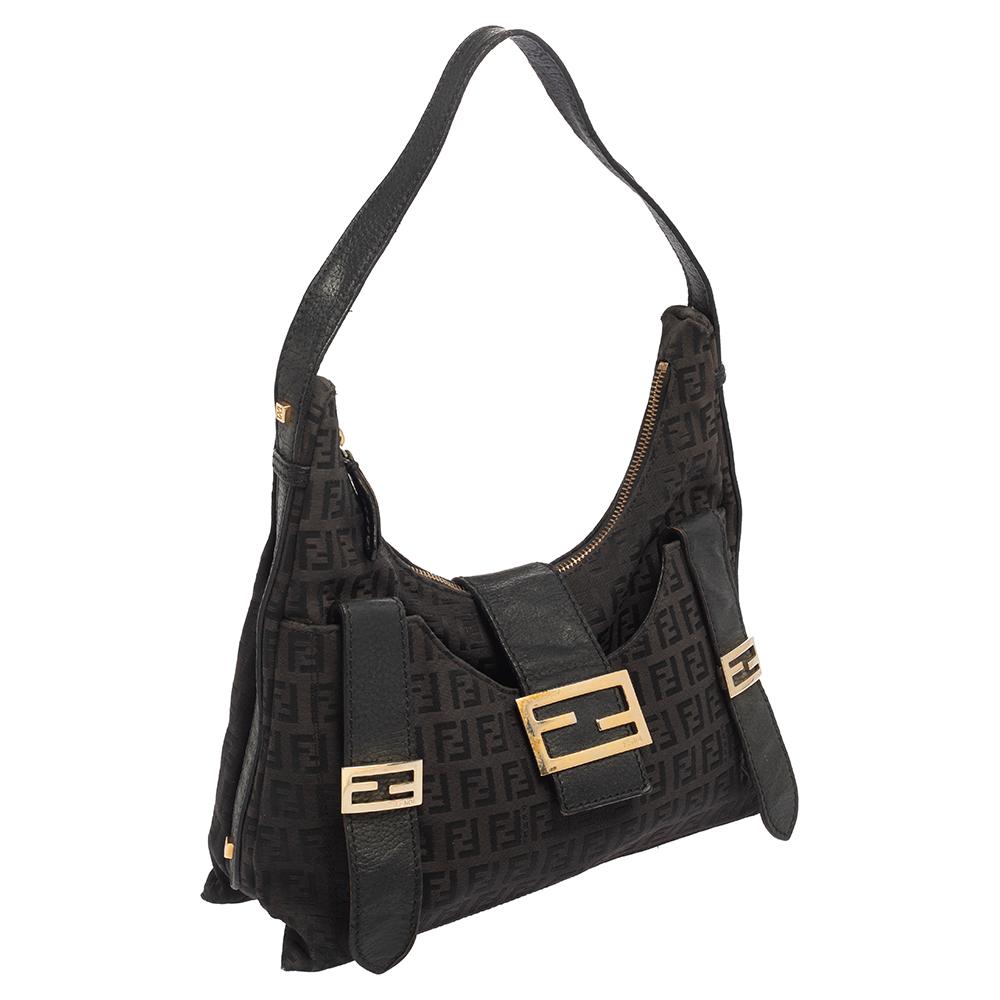 Black Fendi Brown Zucchino Canvas and Leather Flap Hobo