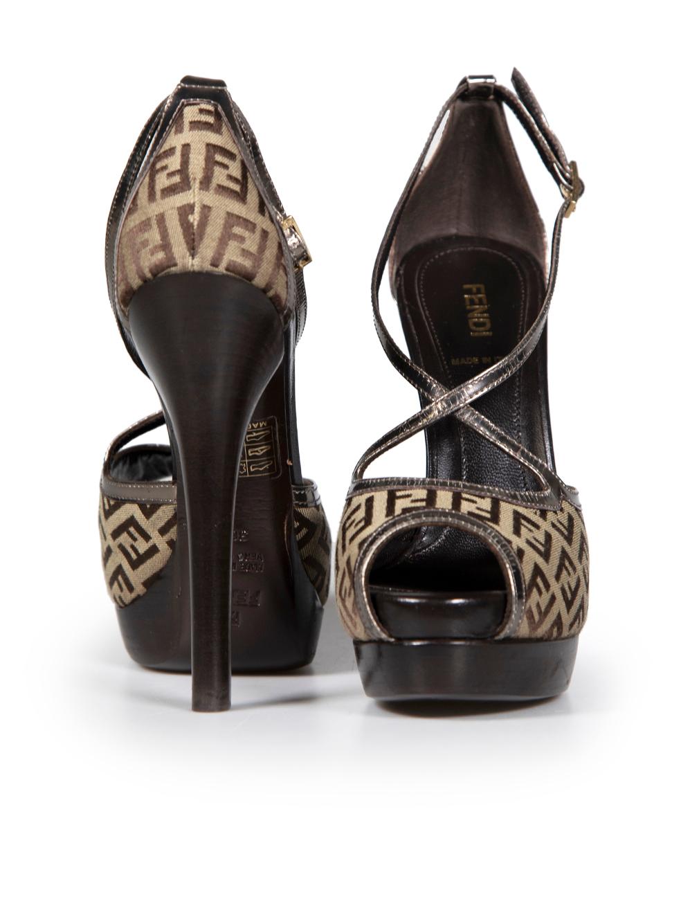Fendi Brown Zucchino Canvas Platform Sandals Size IT 36.5 In Good Condition For Sale In London, GB