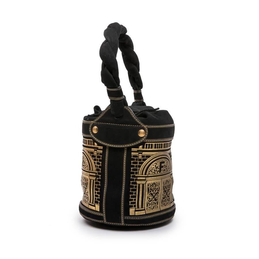 Women's Fendi Black Leather Gold Embossed Bucket Bag