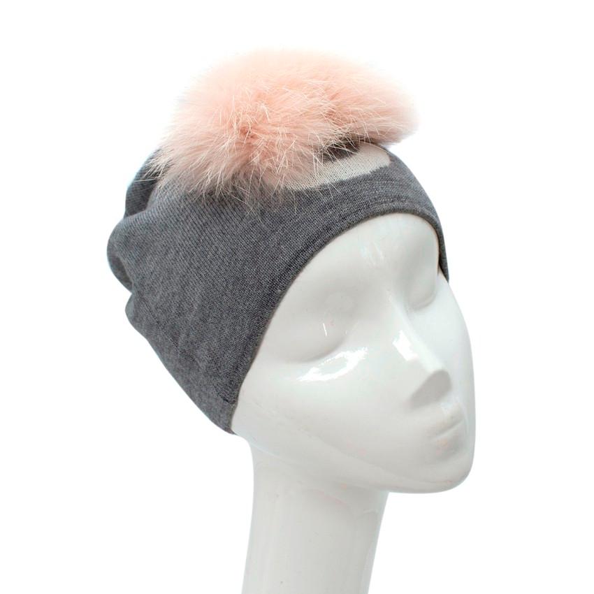 Fendi Bug Grey Wool 
Pink Fox Fur Pom-Pom Beanie Hat For Sale