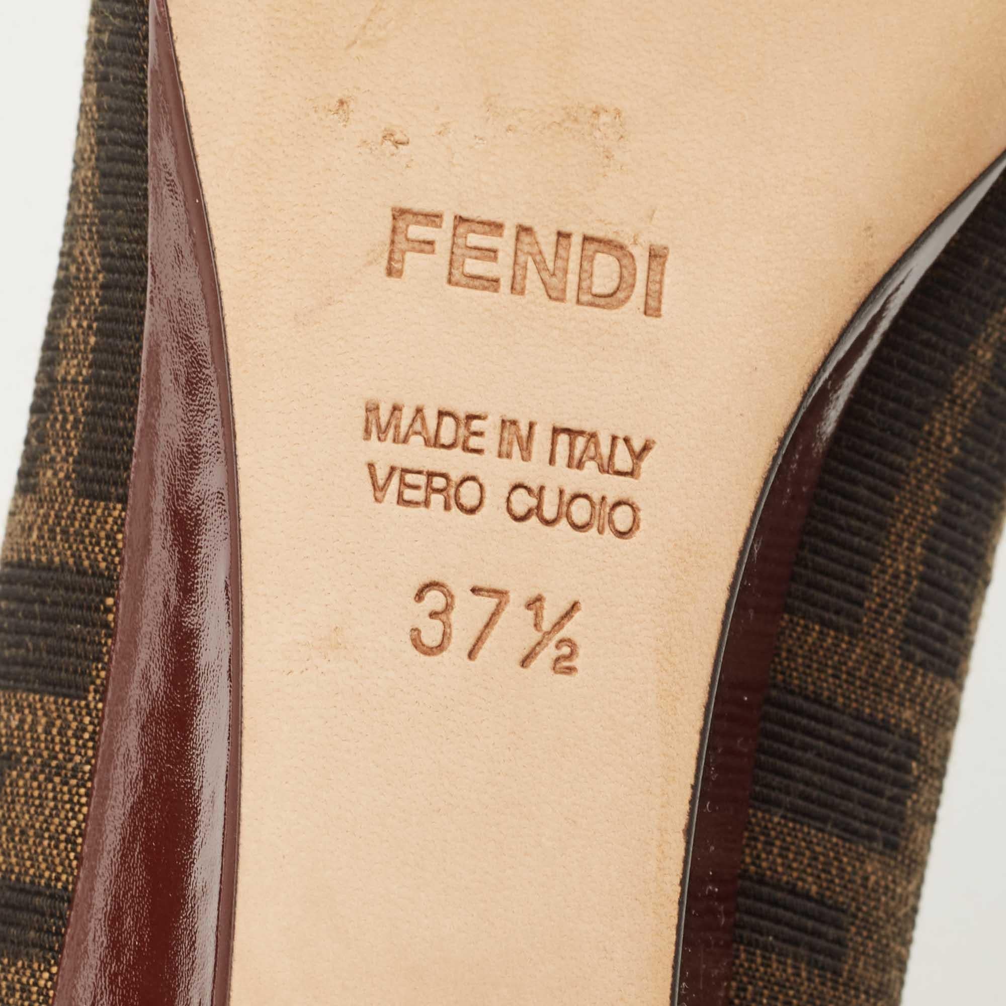 Fendi Burgundy/Brown Patent Leather and Tobacco Zucca Canvas Logo Plate Wedge Pu 3