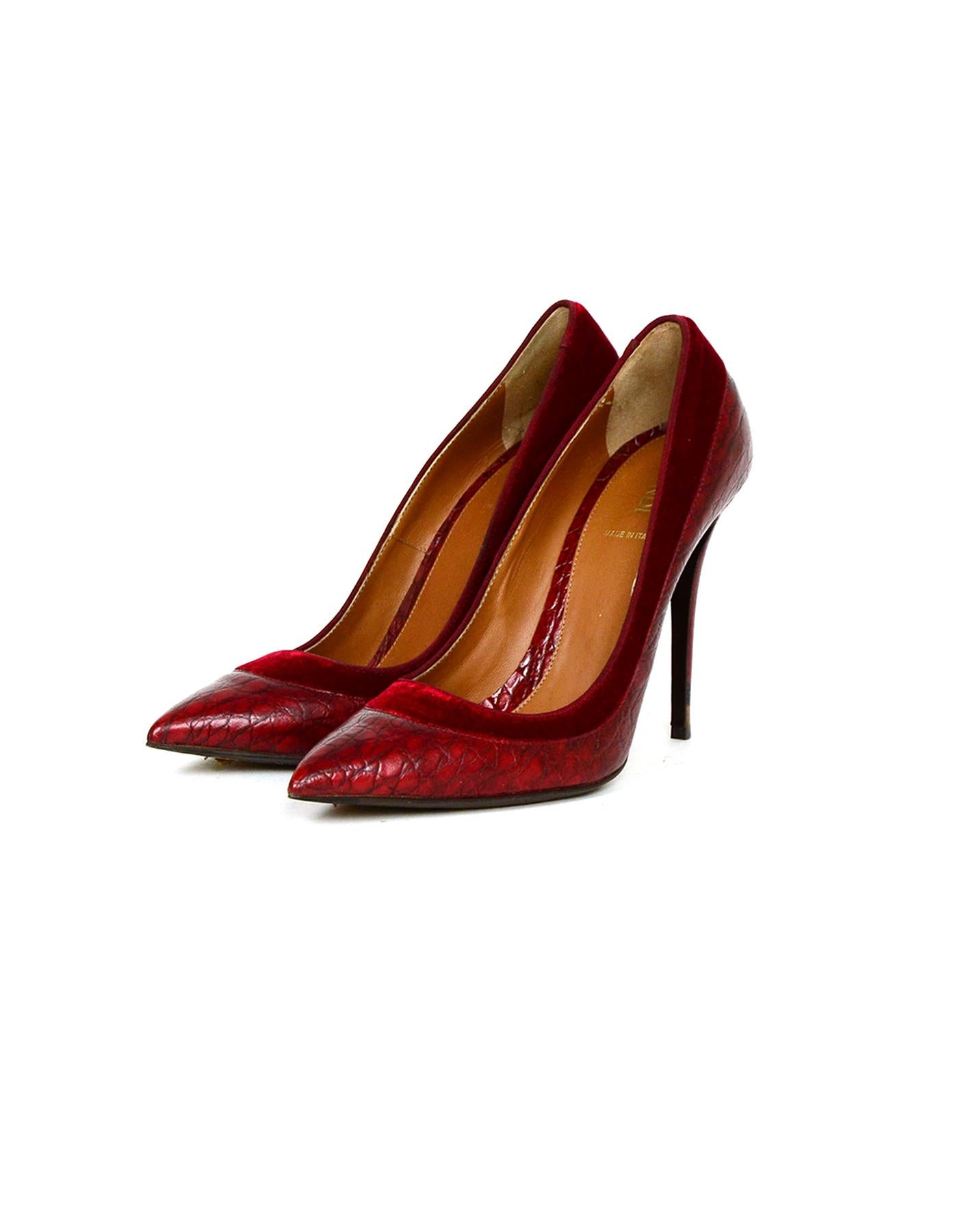 Fendi Burgundy Croc Embossed Pointed Toe Pumps w/ Velvet Trim sz 39 rt $790 

Made In: Italy
Color: Burgundy
Materials: Embossed leather, velvet trim
Closure/Opening: Slide on 
Overall Condition: Very good pre-owned condition, with light wear to