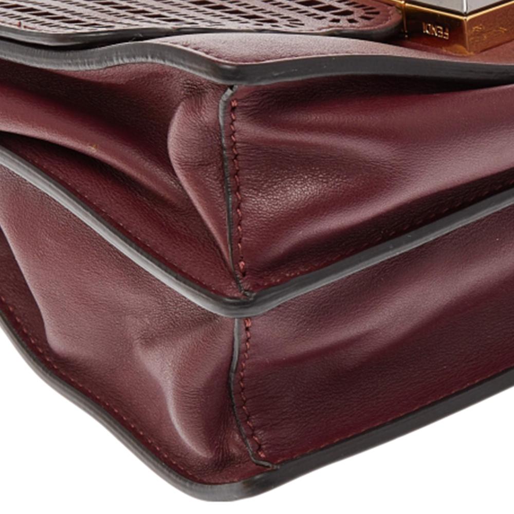 Women's Fendi Burgundy Lasercut Leather Small Kan I Top Handle Bag