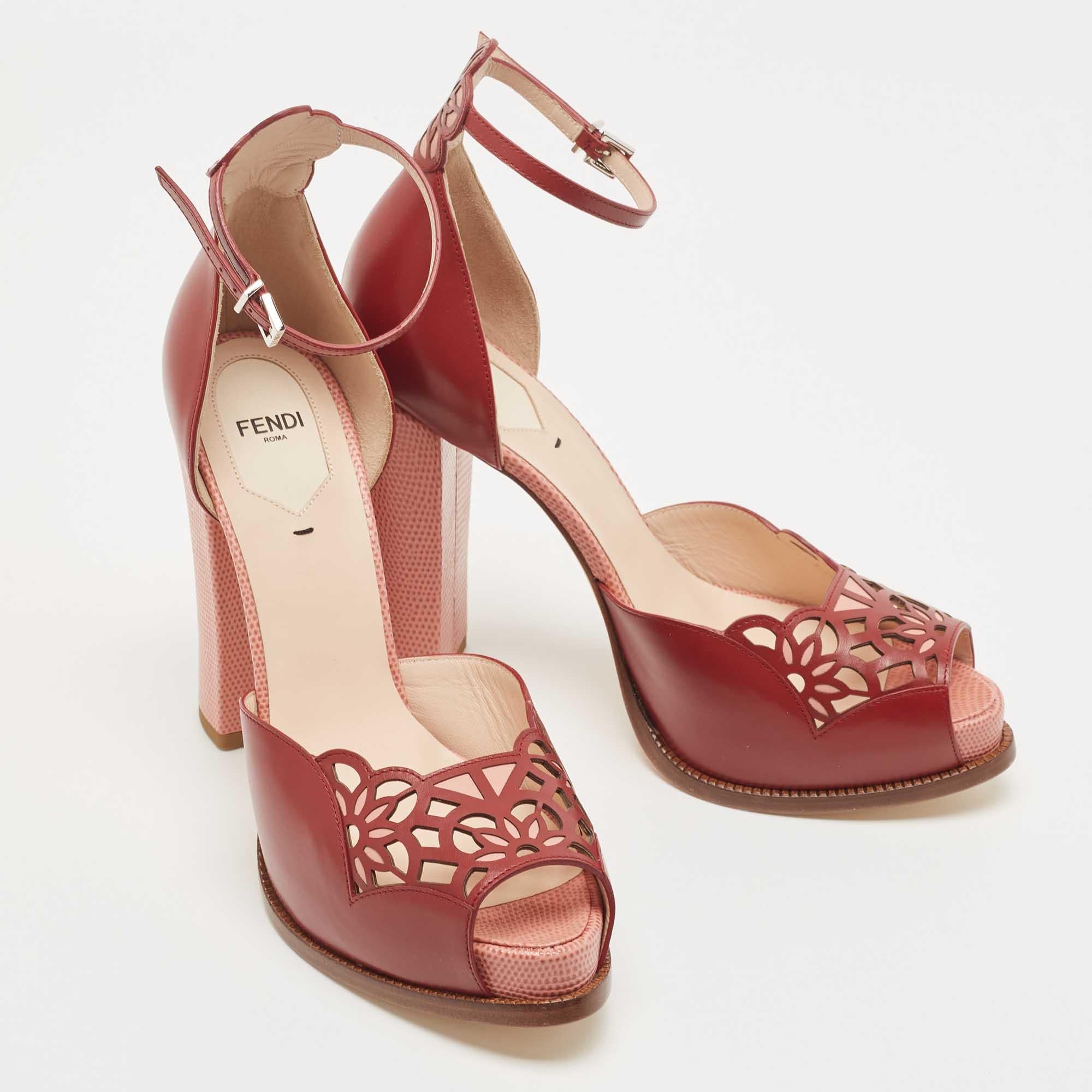 Brown Fendi Burgundy Leather and Lizard Embossed Laser Cut Platform Ankle Strap Sandal