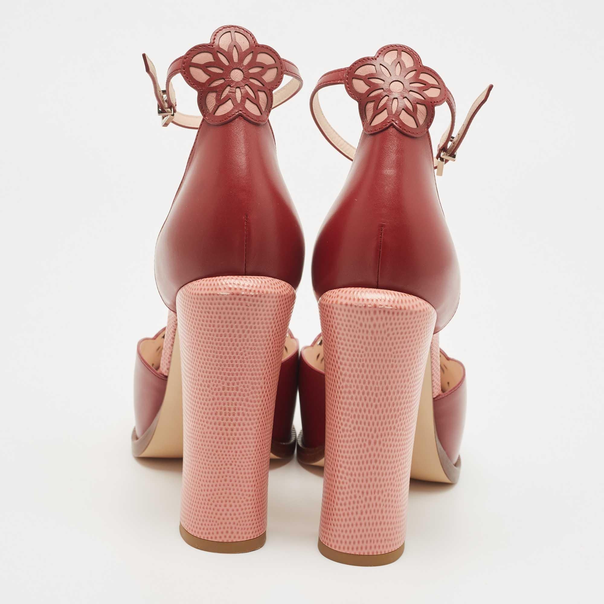 Women's Fendi Burgundy Leather and Lizard Embossed Laser Cut Platform Ankle Strap Sandal
