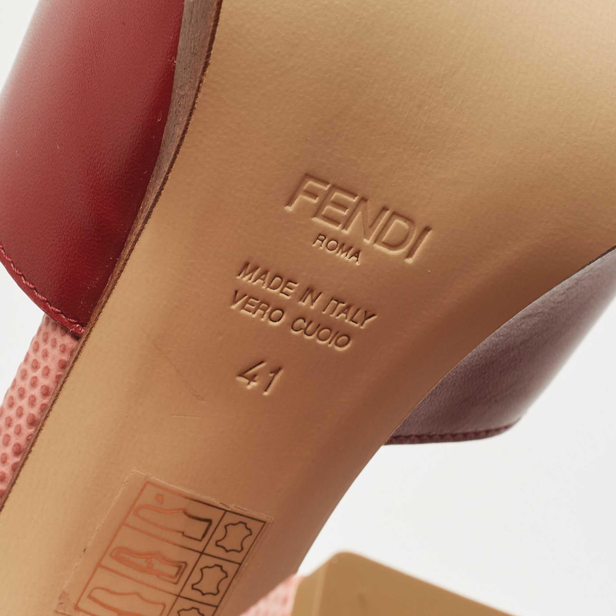 Fendi Burgundy Leather and Lizard Embossed Laser Cut Platform Ankle Strap Sandal 2
