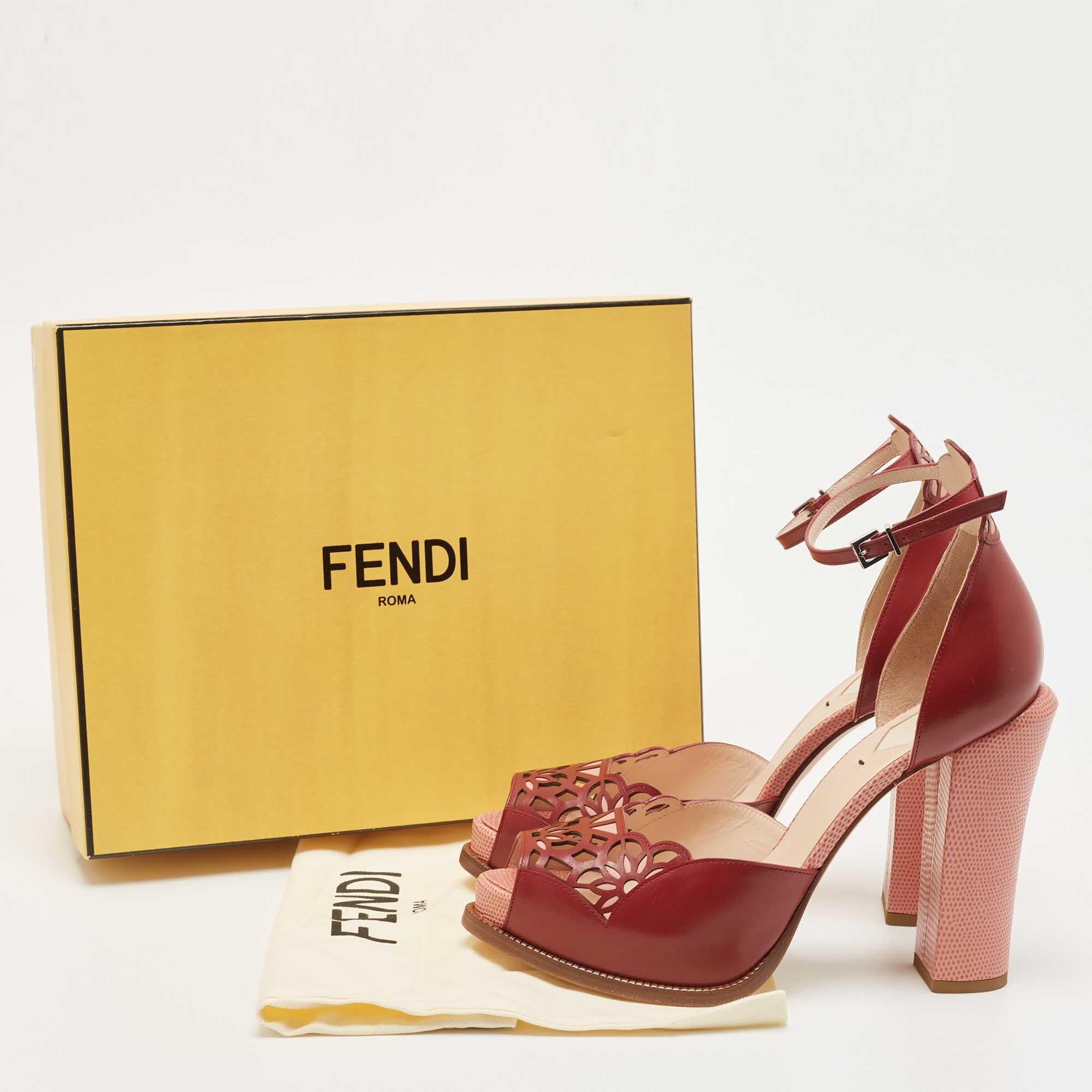 Fendi Burgundy Leather and Lizard Embossed Laser Cut Platform Ankle Strap Sandal 4