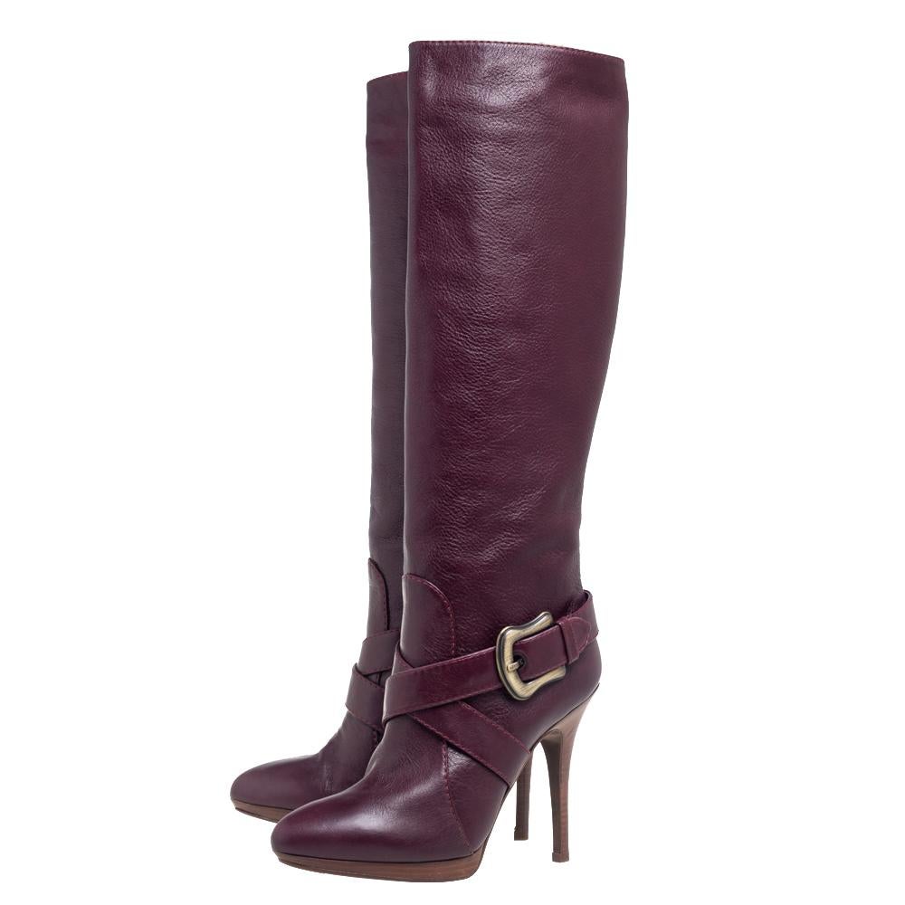 Fendi Burgundy Leather B Buckle Knee Length Boots Size 40 6
