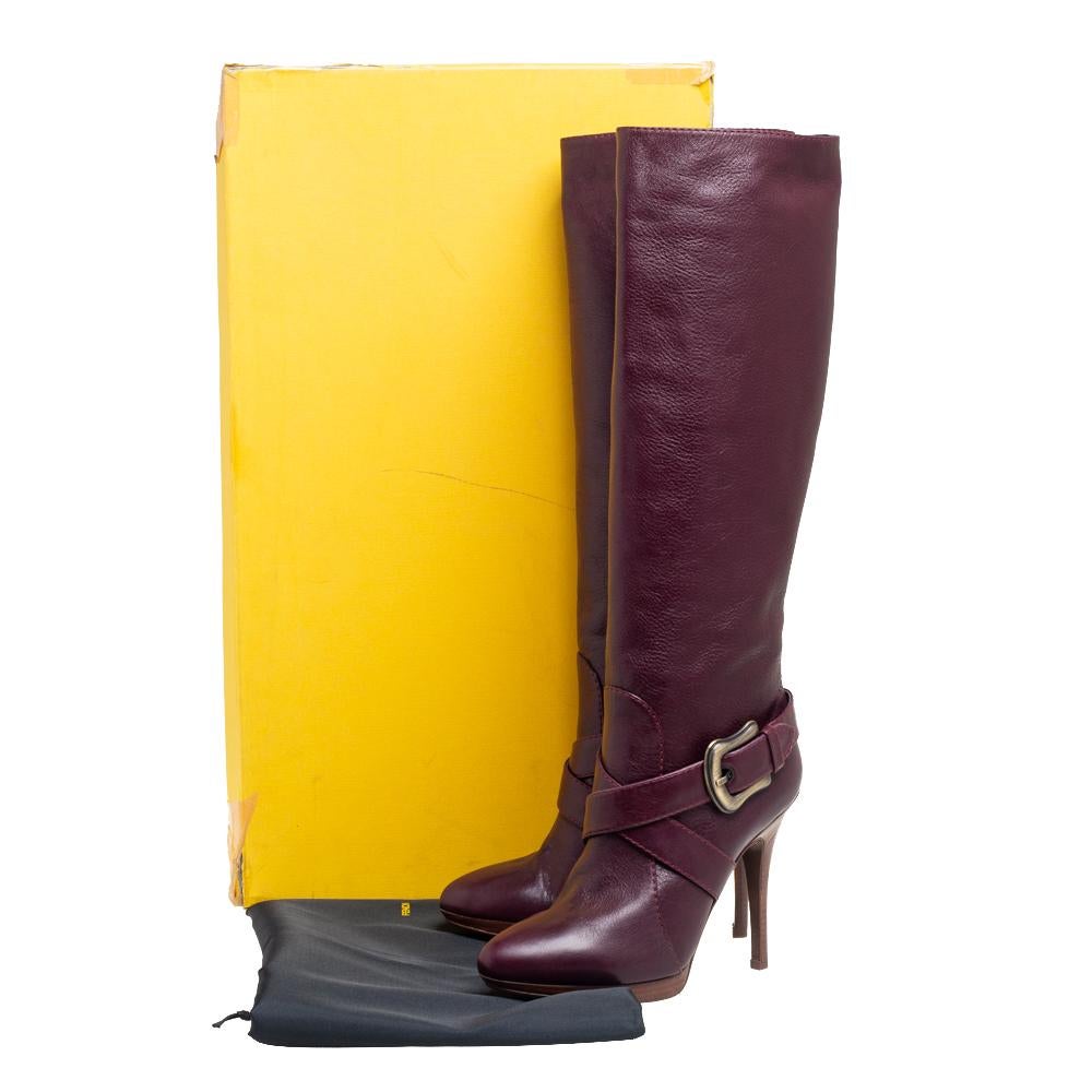 Fendi Burgundy Leather B Buckle Knee Length Boots Size 40 7