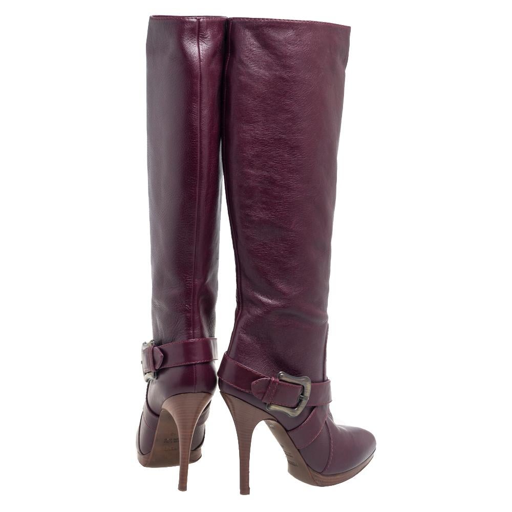 Black Fendi Burgundy Leather B Buckle Knee Length Boots Size 40