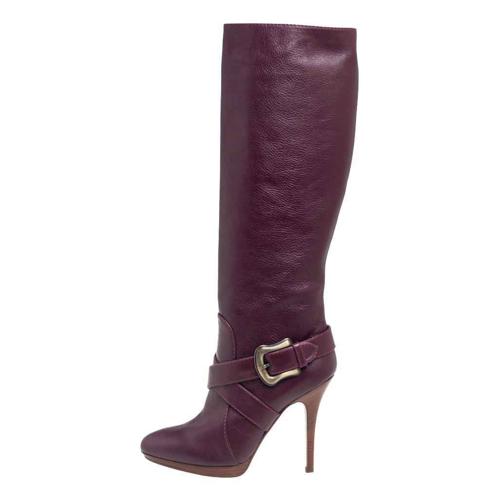 Women's Fendi Burgundy Leather B Buckle Knee Length Boots Size 40
