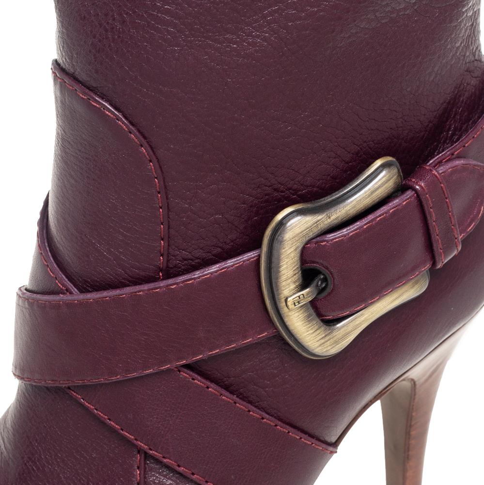 Fendi Burgundy Leather B Buckle Knee Length Boots Size 40 1